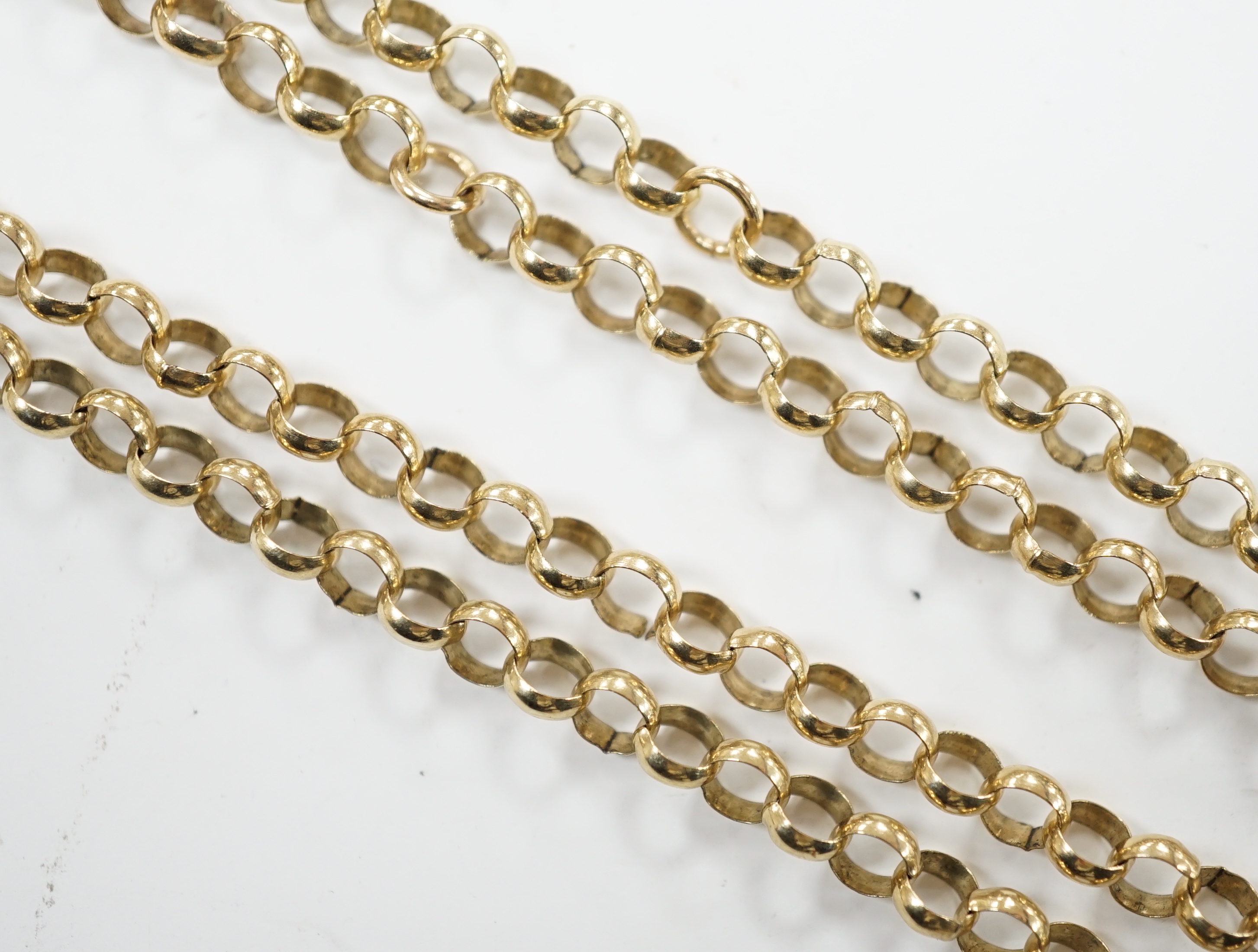 A 9ct gold guard chain (a.f.), 158cm, 36.1 grams.